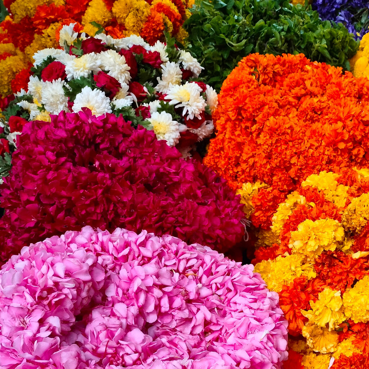 Coiled rose garlands with marigold garlands at a flower market