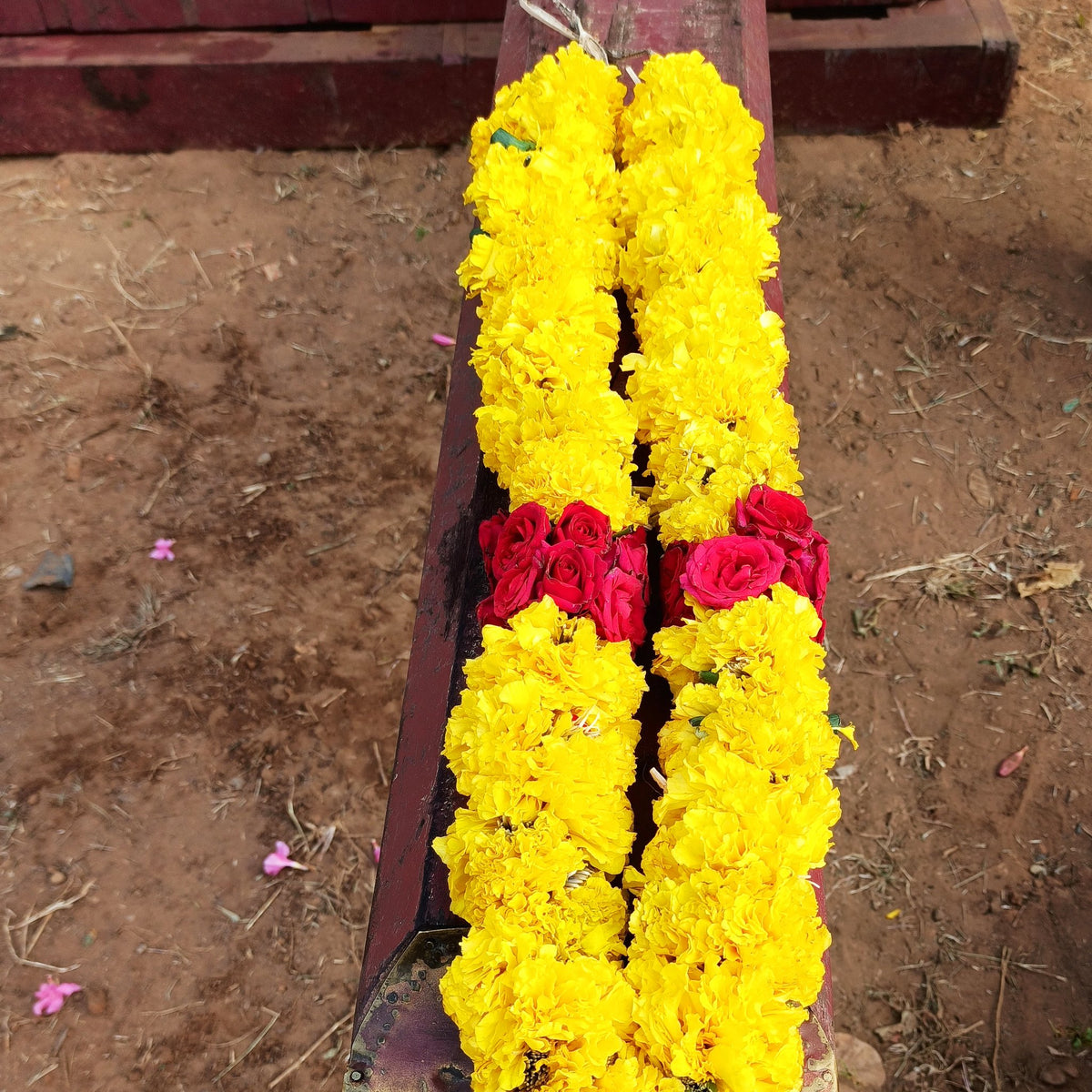 A short garland of yellow chrysanthemum (sevanthi) with bands of red roses