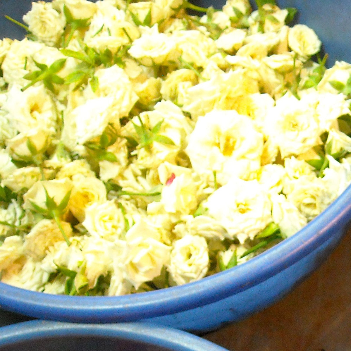 A tub of loose cream-white rose heads at a flower market