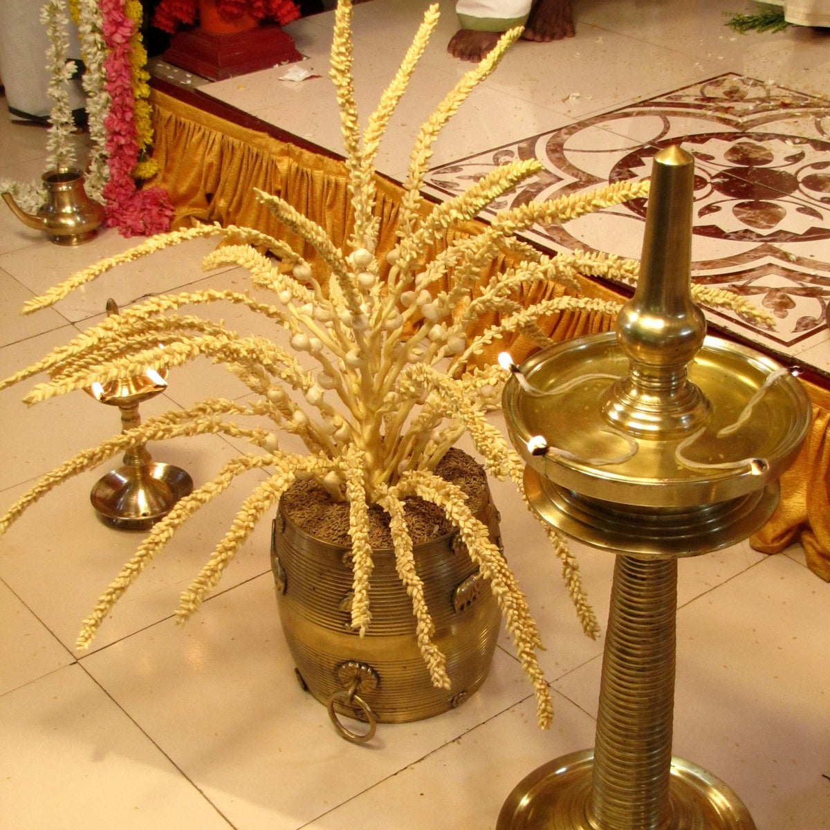 A whole coconut flower standing in a brass para of paddy beside a brass oil lamp at a Kerala ceremony